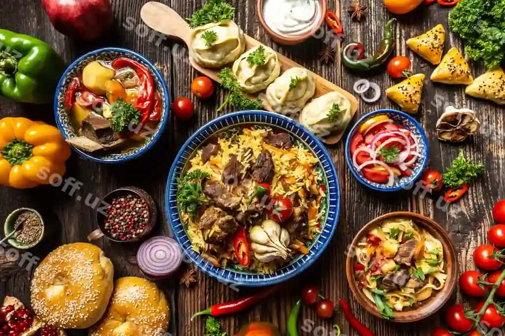 O'zbek Markaziy Osiyoda taomlari tushunchasi turli xil O'zbek taomlari palov samsa lag'mon manti shurpa | Uzbek central asia cuisine concept assorted uzbek food pilaf samsa lagman manti shurpa