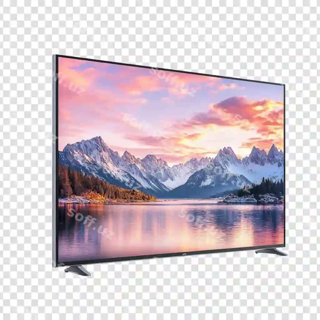 Zamonaviy televizor tinch tog' echigi manzarasini namoyish etuvchi | Modern television displaying serene mountain lake landscape