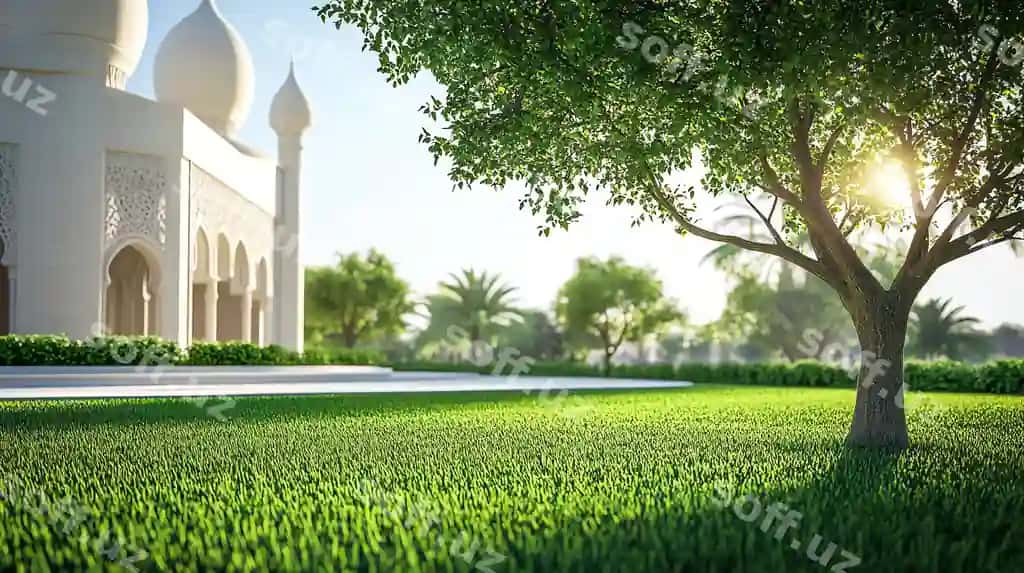 Chiroyli an'iy masjid yashil chaman daraxti bilan | Beautiful traditional mosque with green grass tree