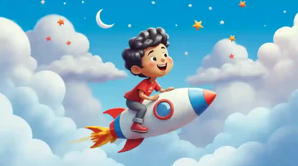Osmonda raketa uchayotgan bola | Boy riding rocket through sky