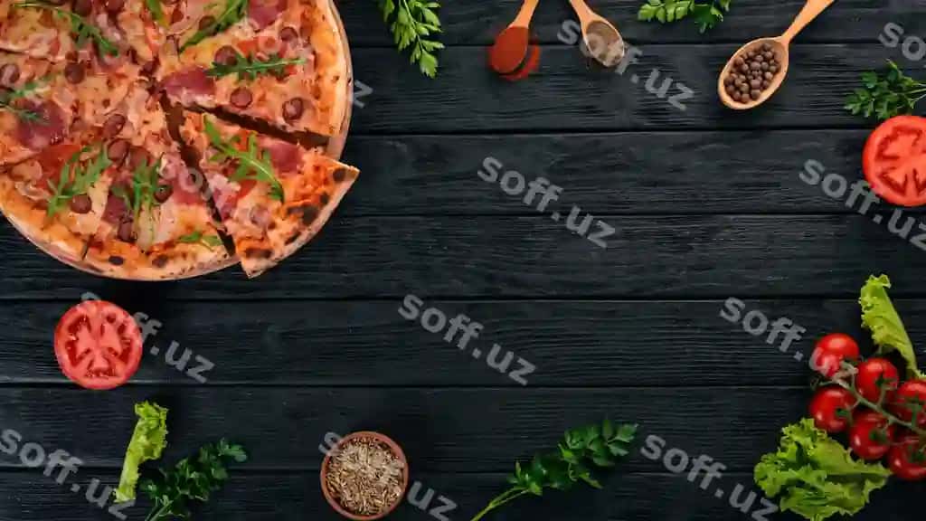 Kolbasa, salami va mozzarella bilan pizza yuqori ko'rinish, yog'ochli fonda, matn joyi | Pizza with sausage salami mozzarella top view wooden background copy space