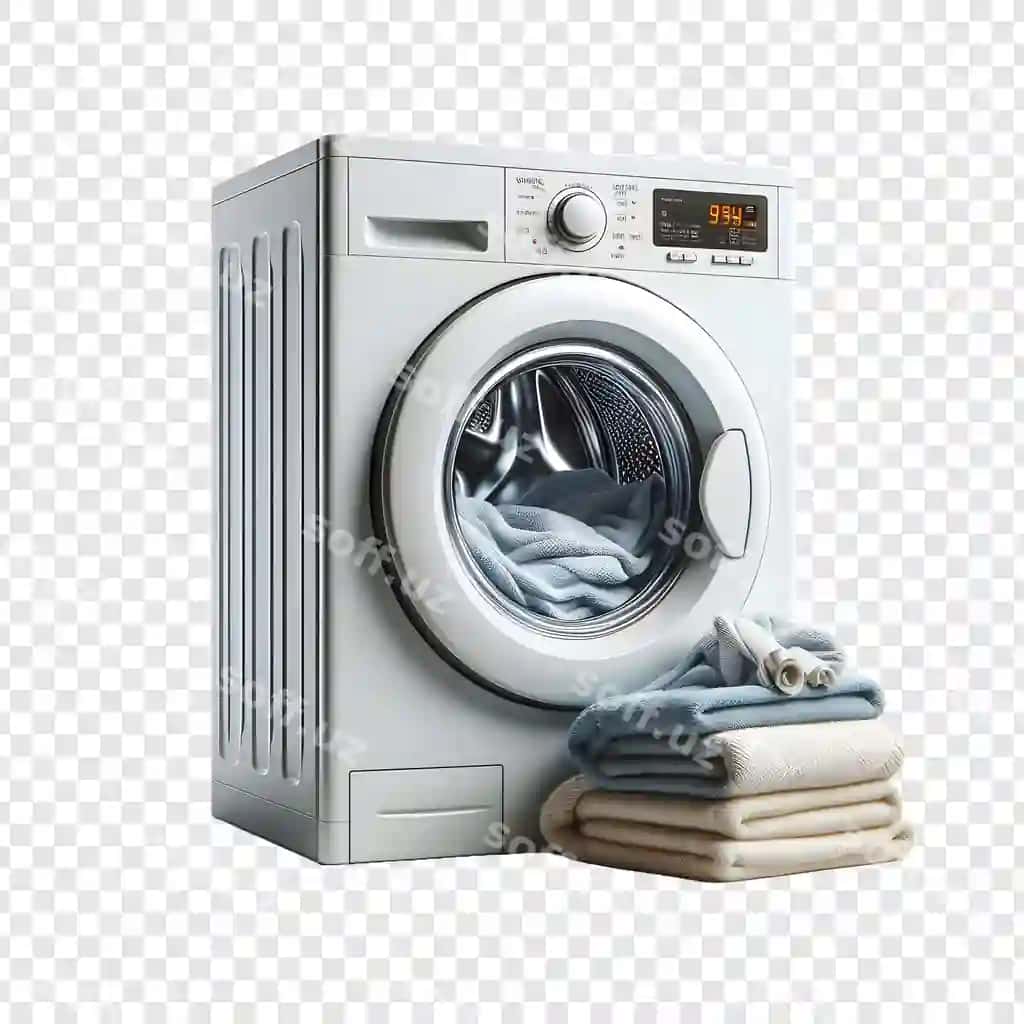 Yuvish mashinasi ko'chak bilan ajraltirilgan shaffof fonda | Washing machine with cloth isolated transparent background
