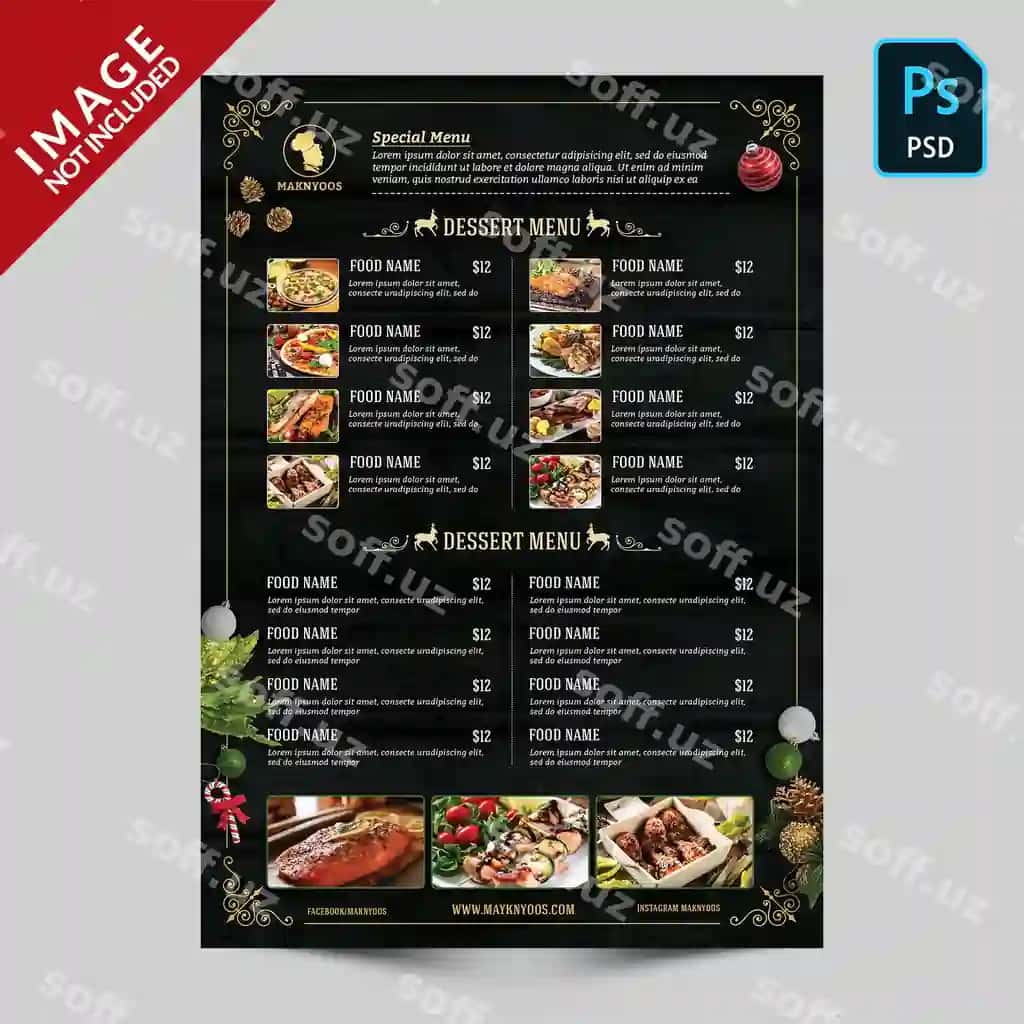 Noel kitob menyu tomon 02 shablon | Christmas book menu side 02 template