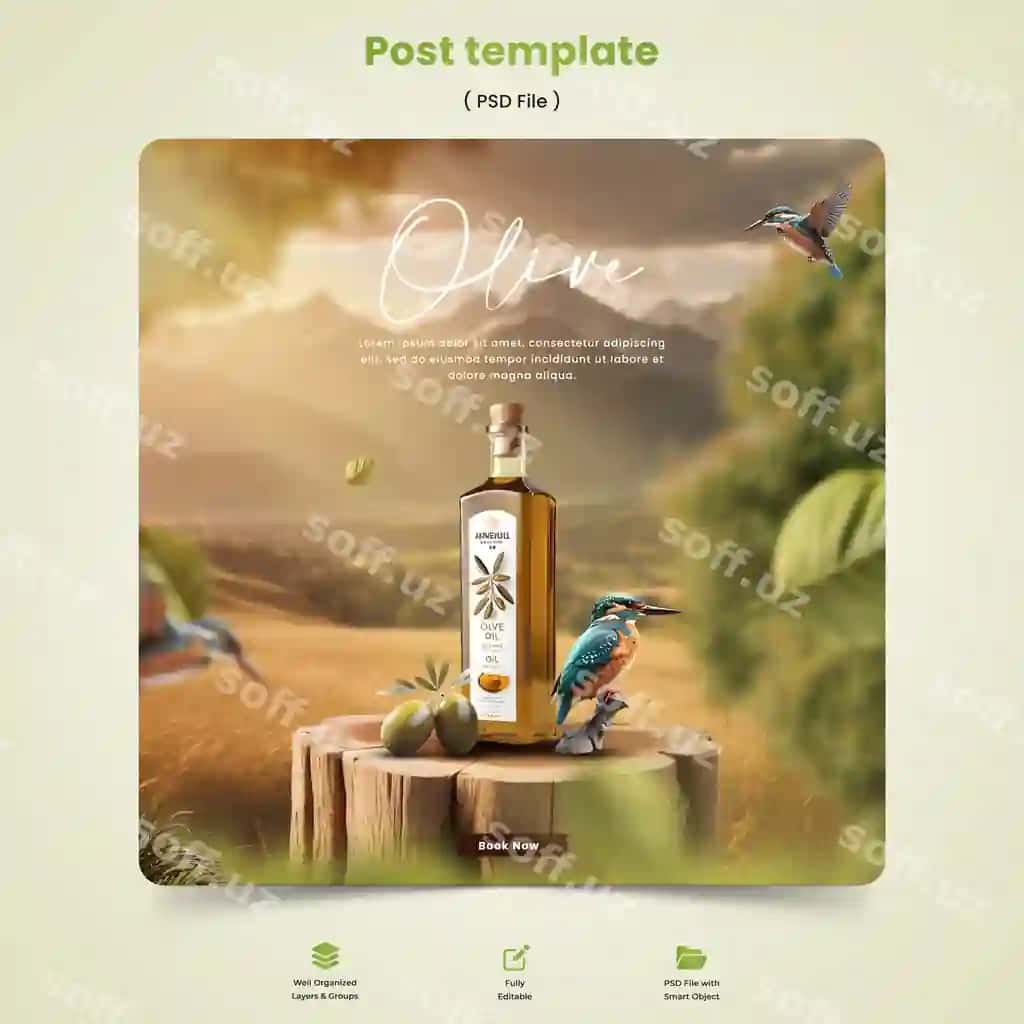 Realistik zeytun yong'osi reklama kompositsiyasi | Realistic olive oil advertising composition