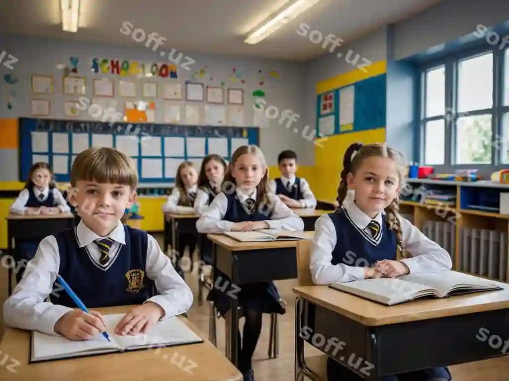 Sinf xonasi maktab stollari va o'quvchilar orqa fonda. | Classroom with school desk school desk with students background