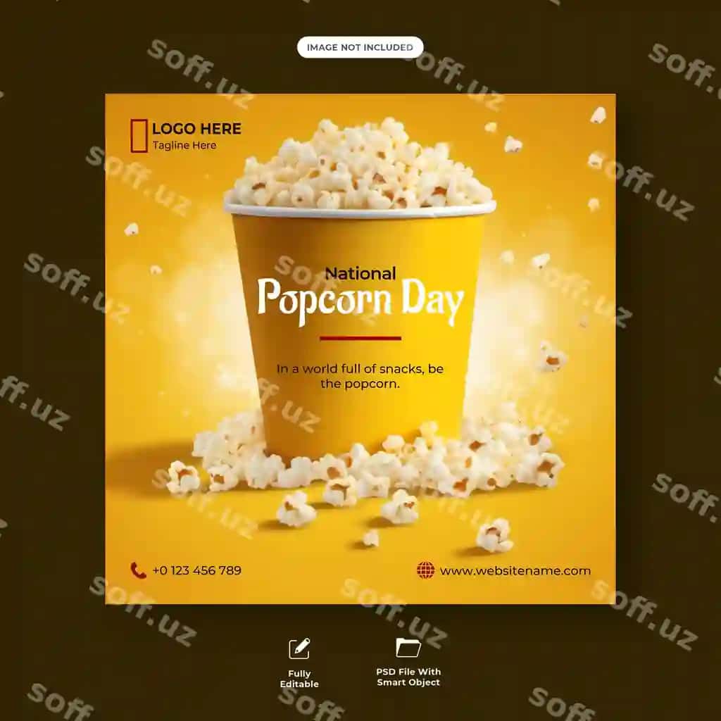 Baxromli milliy poppkorn kuni tabrigi uchun ijtimoiy tarmoqlar post dizayni | Happy national popcorn day celebration social media post design