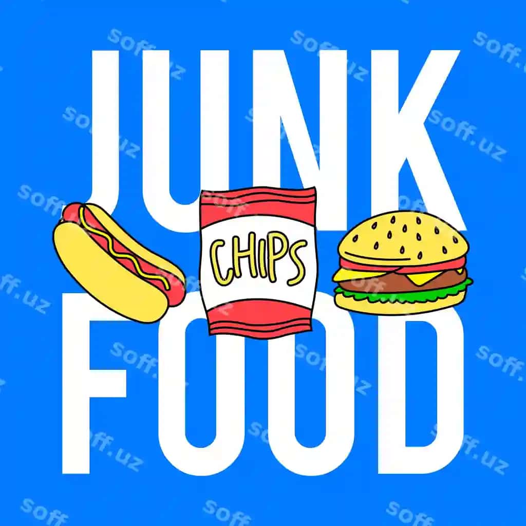 Vektor pinality ovqatlar matni hotdog, choy qaydoshlari, burger bilan | Vector junk food text with hotdog chips burger