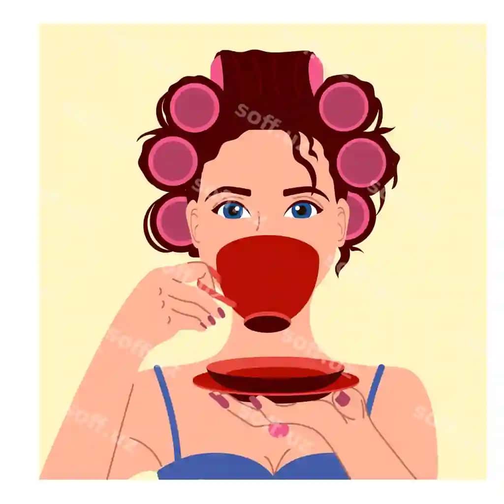 Qiz boshida quriltaylar bilan kofe ichadi. | Girl with curlers her head drinks coffee