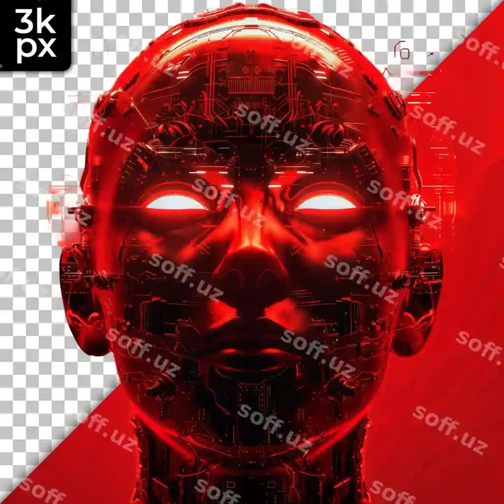 Kibernetik bosh qizil chizuqlar shaffof orqa fonda | Cybernetic head with red circuitry transparent background
