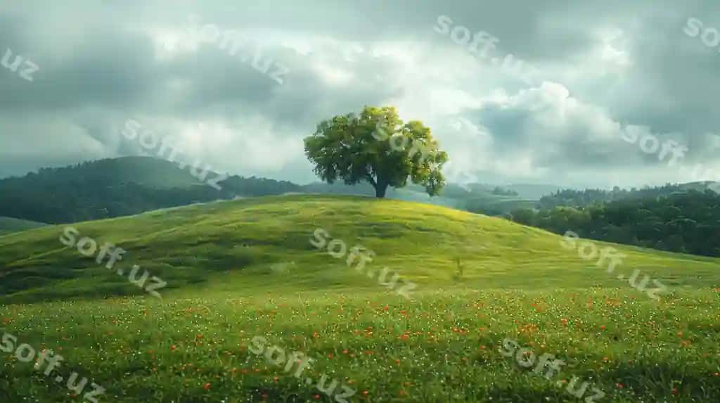 Dramatik landshtan with gʻalma-gʻalpiy togʻlar va hushkar shamolli bulutlar | Dramatic landscape with rolling hills brooding clouds