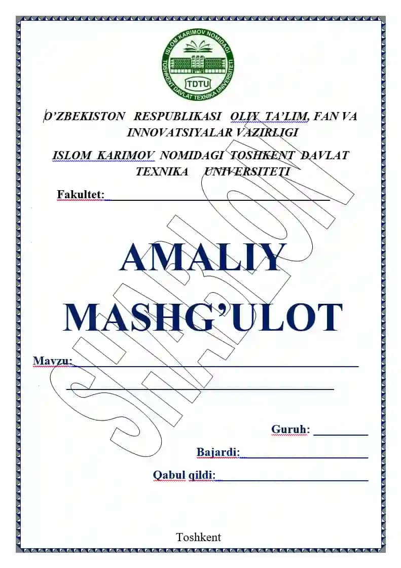 Amalioy mashg'ulot ishi yuzi TDTU