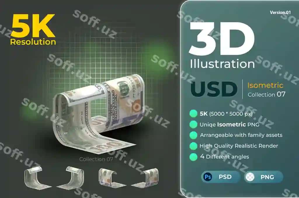 Realistik 3D Dollar USD puli Izometric render Moslashuvchi | Realistic 3d dollar usd money isometric render arrangable
