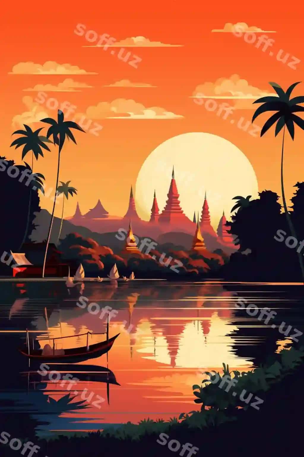 Suvda quyosh botirda AI tomonidan yaratilgan qayiq bor. | There is boat that is sitting water sunset ai generative