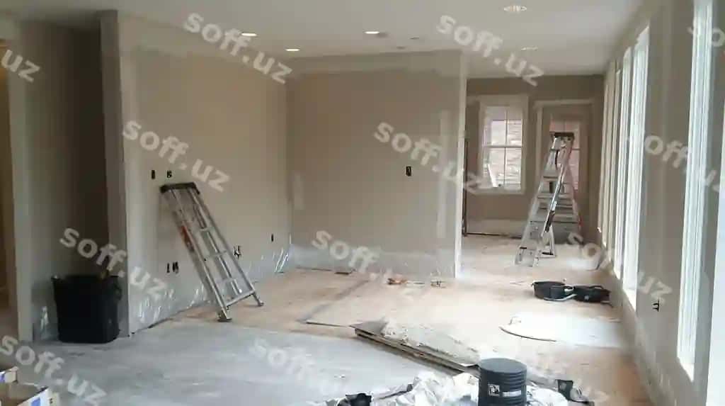Tugatilmagan devorlar, pol va asboblar ko'rsatilgan ichki xona ta'mirlashi | Interior room renovation showing unfinished walls floors tools
