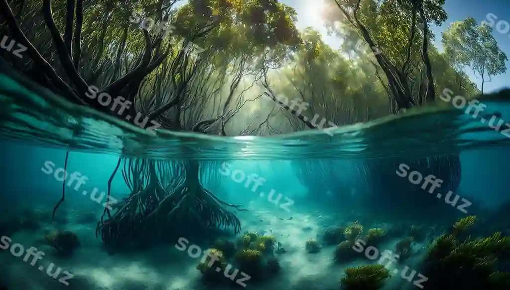 Suv ostidagi rasm botishgan daraxtlar mangrov o'rmoni | Underwater image flooded trees mangrove forest