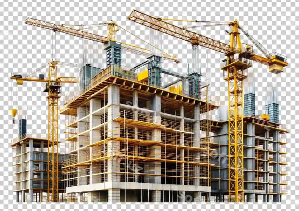 Qaldiraq qushlari qurilish joyida ishlaydi, ajralangan shaffof orqa fonli | Cranes work construction site isolated transparent background