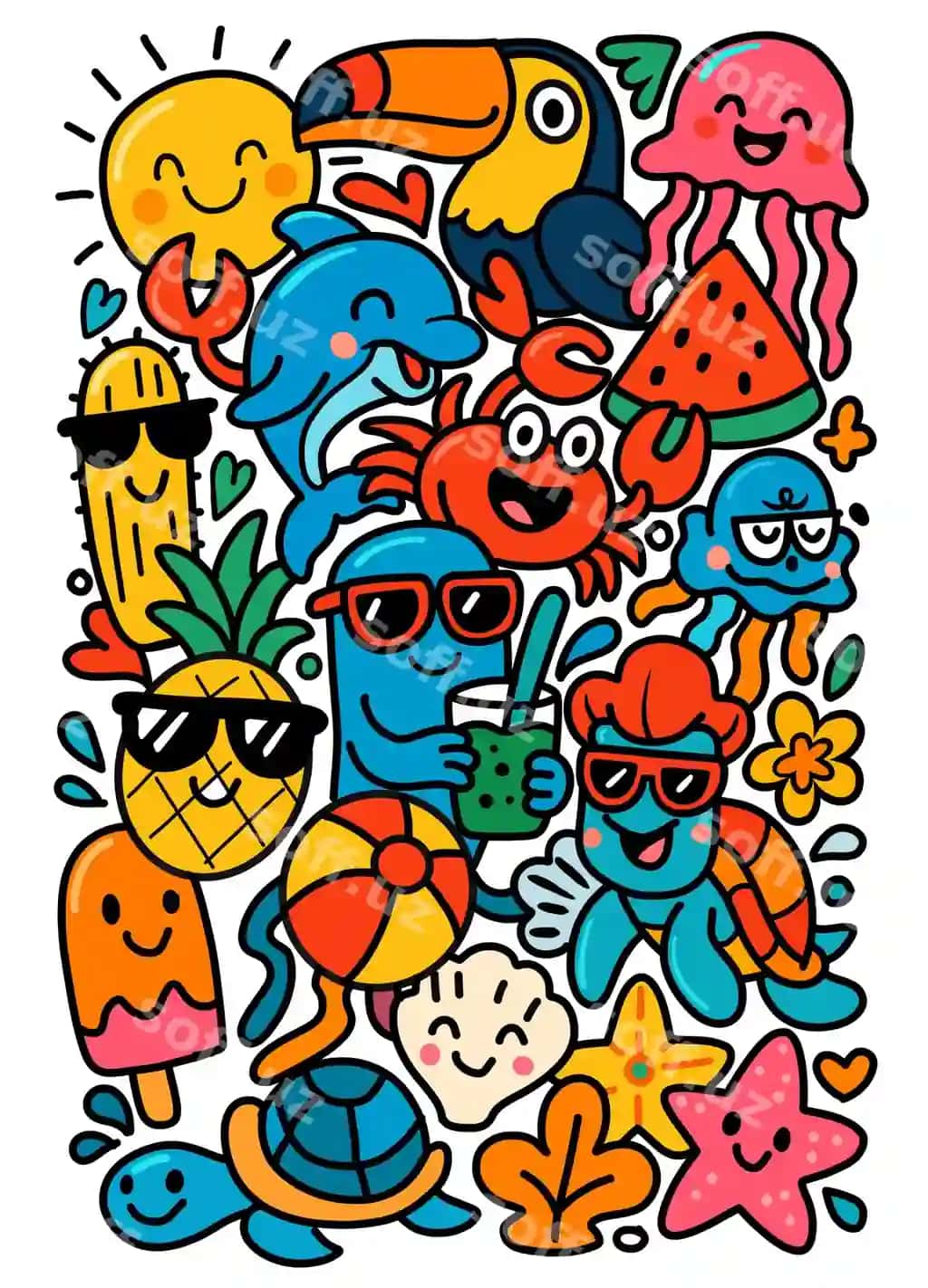Gulchi quyosh tukanon buzmuncha delfin krab tarvuz ananas turt | Smiling sun toucan jellyfish dolphin crab watermelon pineapple turtle
