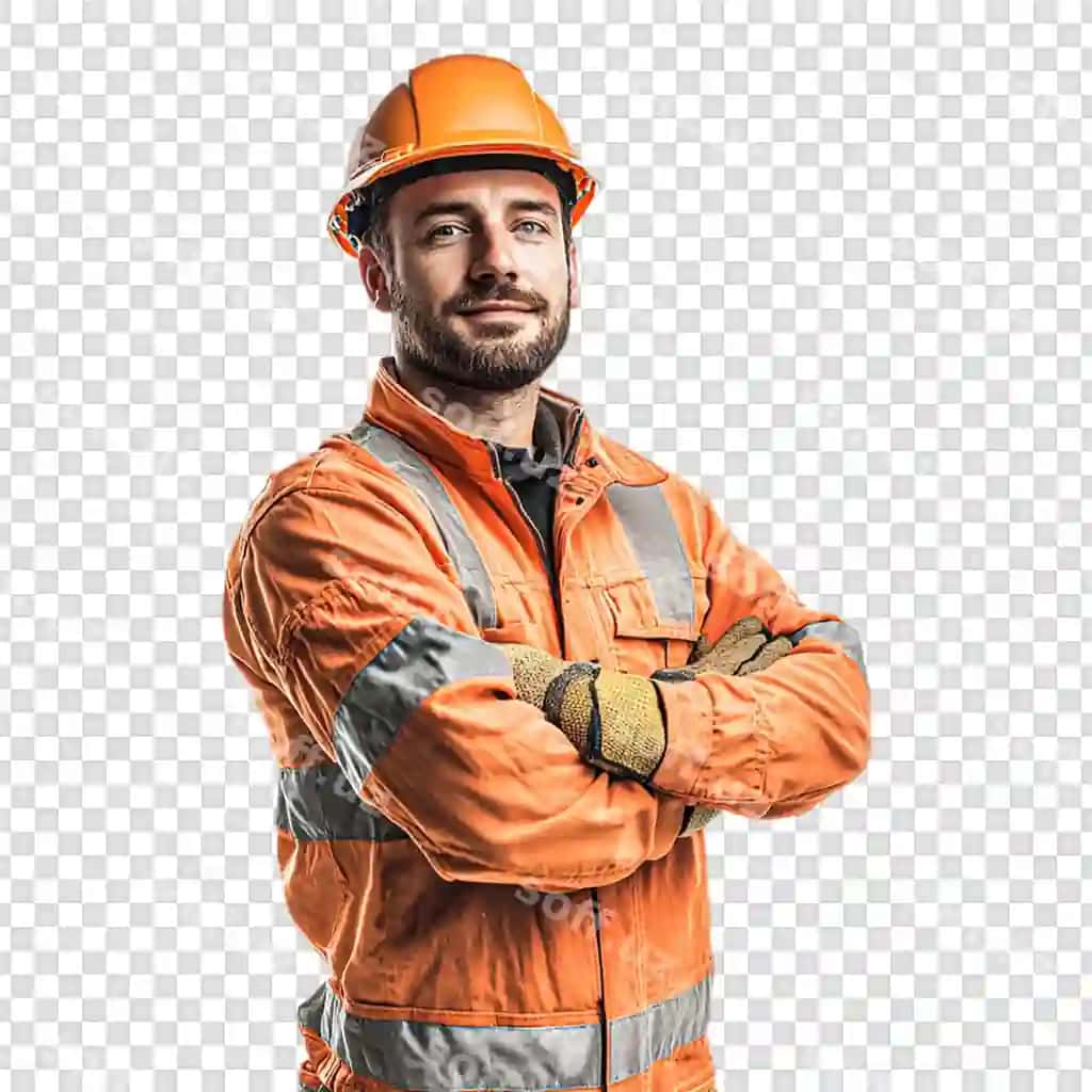 Quruvchi ishchisi muhandisi zhaket va shlyapa bilan, shaffof orqa fonda | Construction worker engineer with vest helmet transparent background