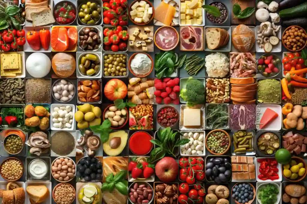 Turli xil oziq-ovqat mahsulotlarining ijodiy tartibini kollaj qiling | Collage various food products creative layout