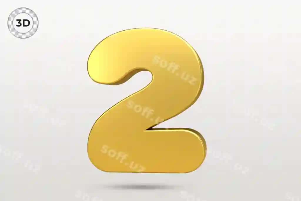 Raqam 2 3D render oltin metalik bilan | Number 2 3d render with golden metallic