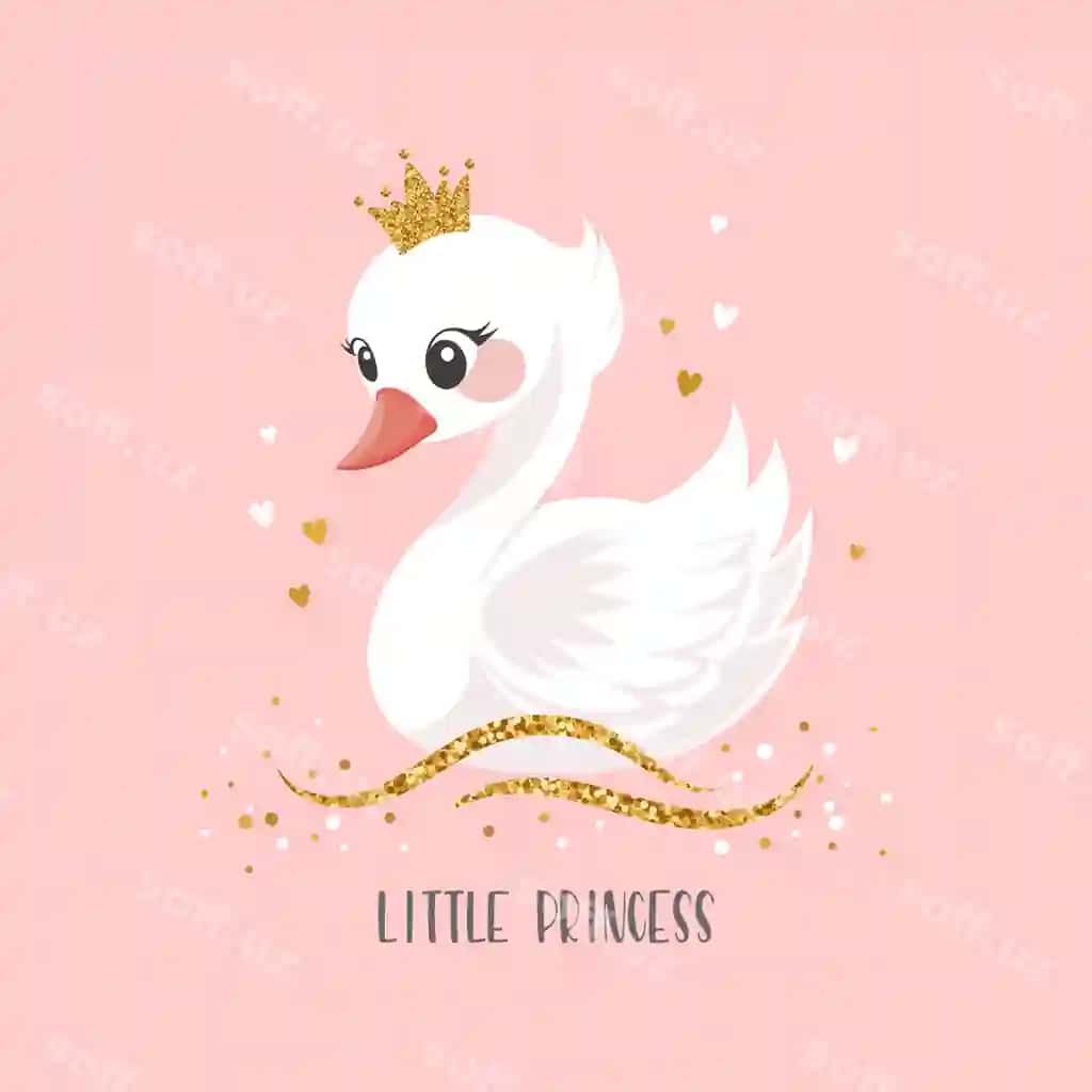 Kichik qushqovoq malika oltin sarbeklı gulrang orqa fonda yoqimli illustratsiya | Little swan princess with golden crown pink background cute illustration