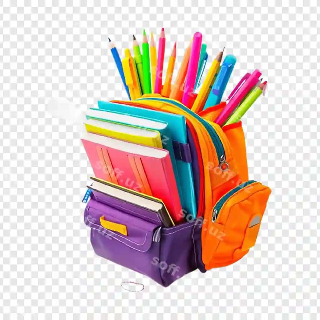 To'plam rangli maktab kundaliylari, ularda ko'k ipli kitob ham mavjud. | Collection colorful school supplies including book with blue strap