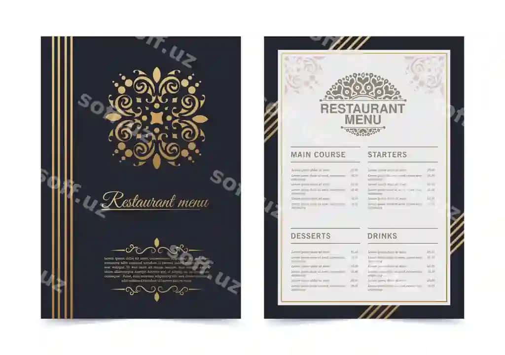 Qimmatbaho menyu joylashuvi dekorativ elementlar bilan | Luxury menu layout with ornamental elements