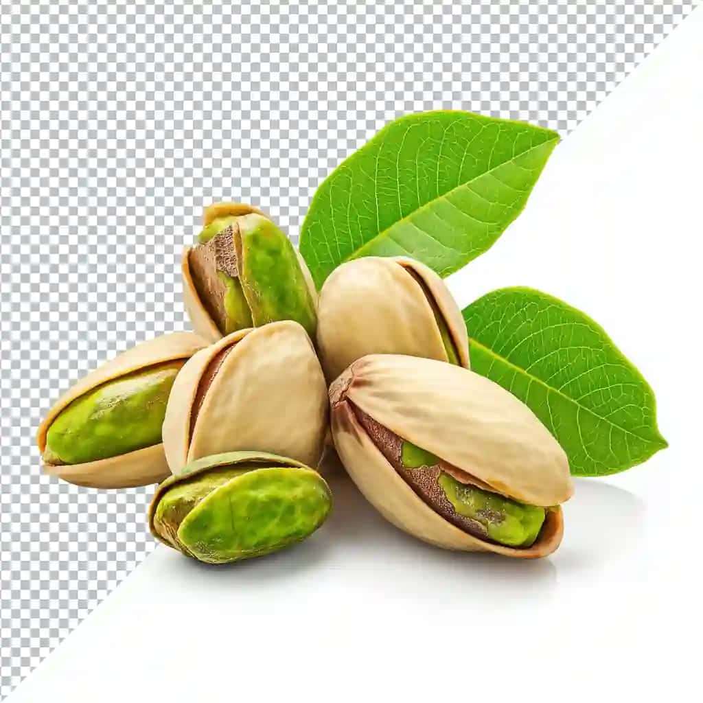 Yashil chig'anoqlari bilan yangi pista yong'oqlari shaffof izolyatsiya qilingan | Fresh pistachio nuts with green shells leaves isolated transparent