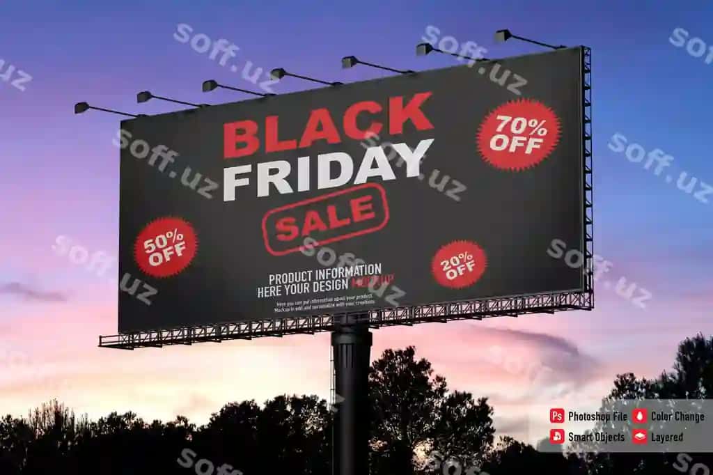 Tashqi baner namunasi Qora Juma bilan botmaqor osmon | Exterior banner mockup black friday with sunset sky