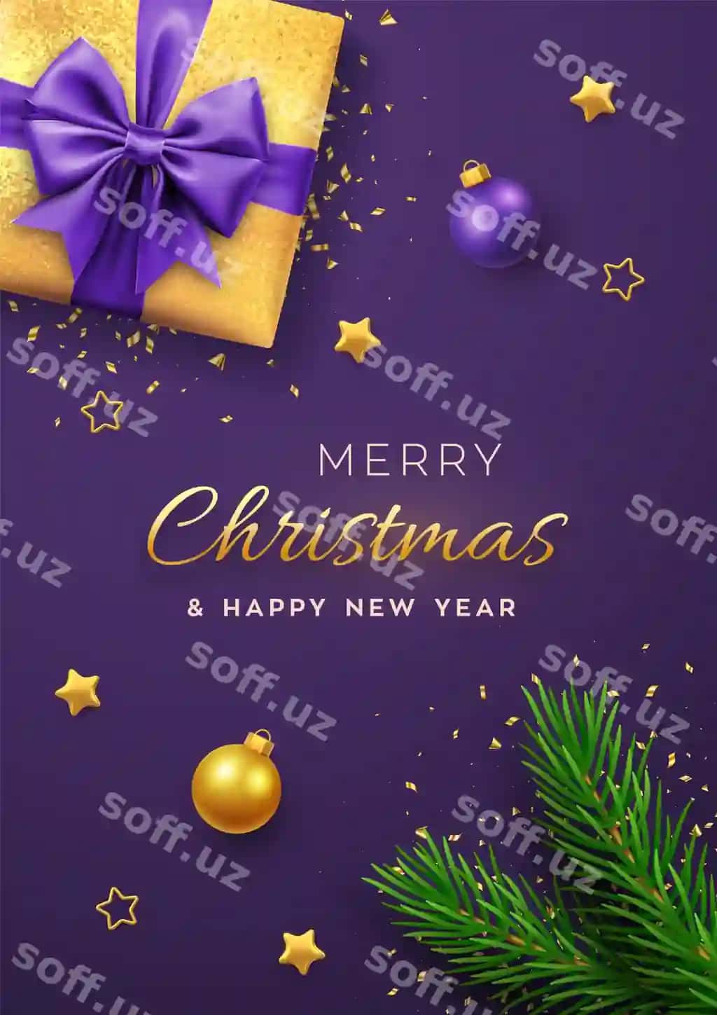 Nohorgi bayroq haqiqiy oltin sovg'a qutisi binafshee qayt va chinar darchalari bilan. | Christmas banner realistic gold gift box with purple bow pine branches