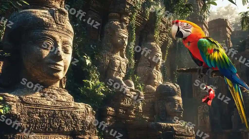 Qadimiy lavozim binolari chetkirishlar va o'rmon monchoqlari bilan | Ancient temple ruins with carvings jungle vines