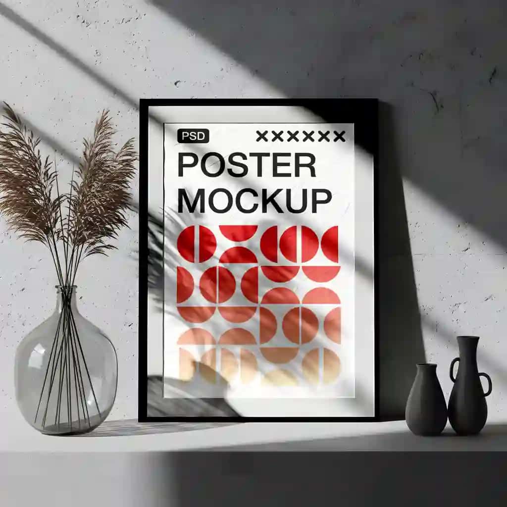 Pampas o'ti soyasi bilan qoplangan ramkali poster maket | Framed poster mockup with pampas grass shadow overlay