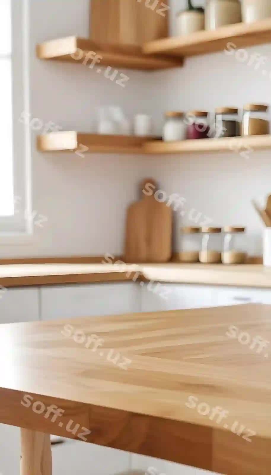 Bahoratlar bilan yog'ochli stol, oq eshik bilan yog'ochli chilimcha, uning ustida "bahoratlar bankasi" yozilgan. | Wooden table with spices wooden cutting board with white door that says jar spices
