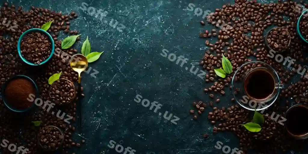 Qahvo orqa fonda qahvo kiyiklari qahvo bunyolari qora to'siq orqa fonda yuqori ko'rinish bosh joy matn | Coffee background coffee cups coffee beans black stone background top view free space text