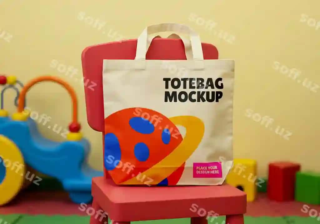 Totebag namunasi rang-barang sayyora dizayni gulbinchi stul | Totebag mockup with colorful planet design pink chair