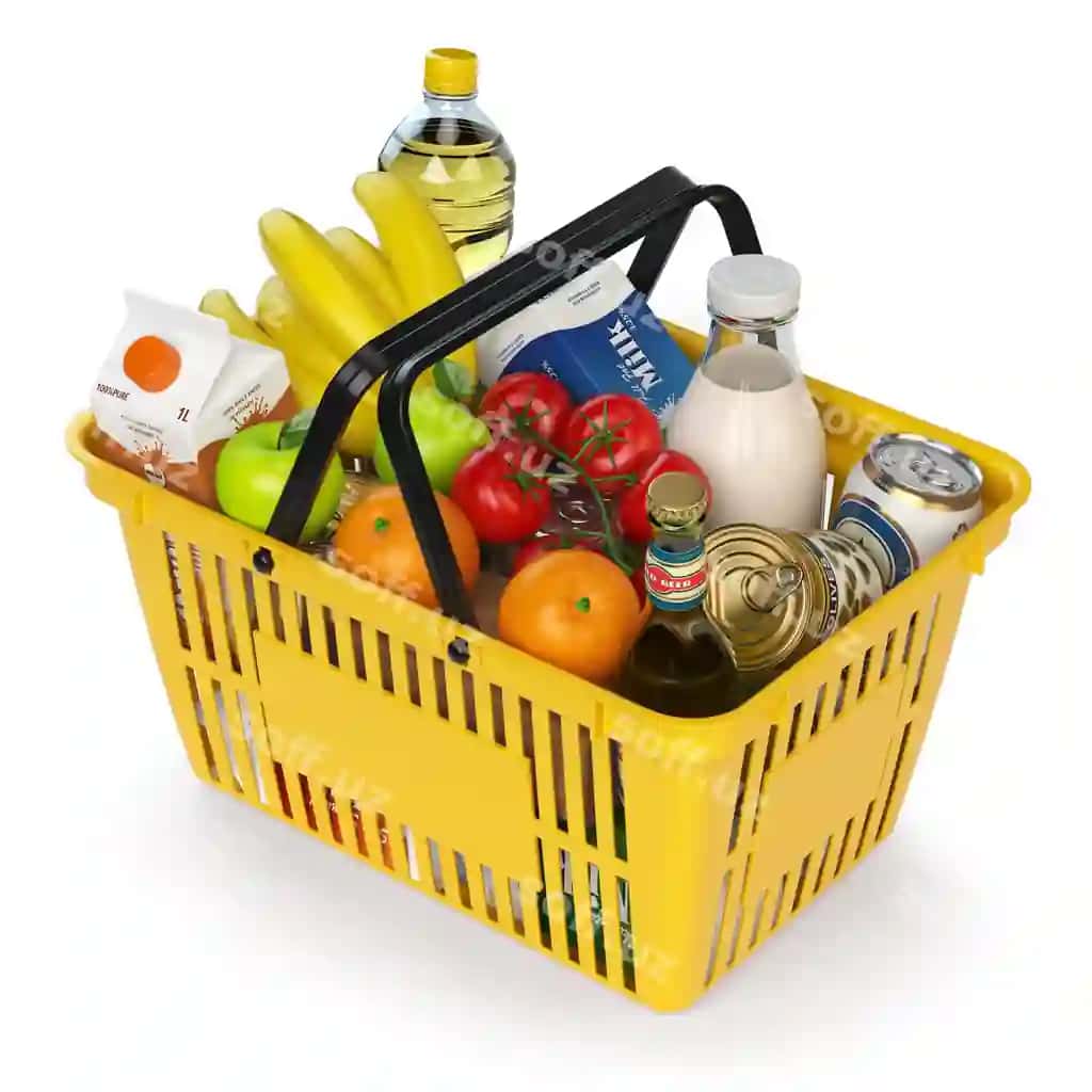 Xarid savati turli xil oziq-ovqat mahsulotlari bilan o'zbek fonida alohida 3D illustratsiya | Shopping basket with variety grocery products isolated white background 3d illustration