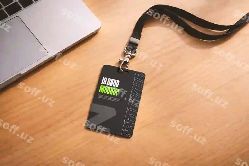 ID karta namunasi yog'och stol noutbuk bilan | Id card mockup wooden desk with laptop