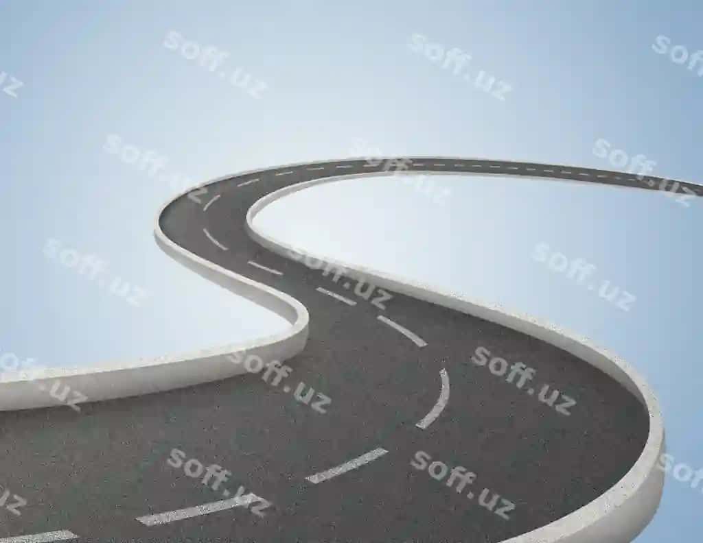 Bo'sh yo'lni chiziqlar devorlari 3D illustratsiyasi, burilgan yo'lni sayohat dam olishlari reklama yo'lni | Empty road with lines barriers 3d illustration bending road travel holidays advertising road