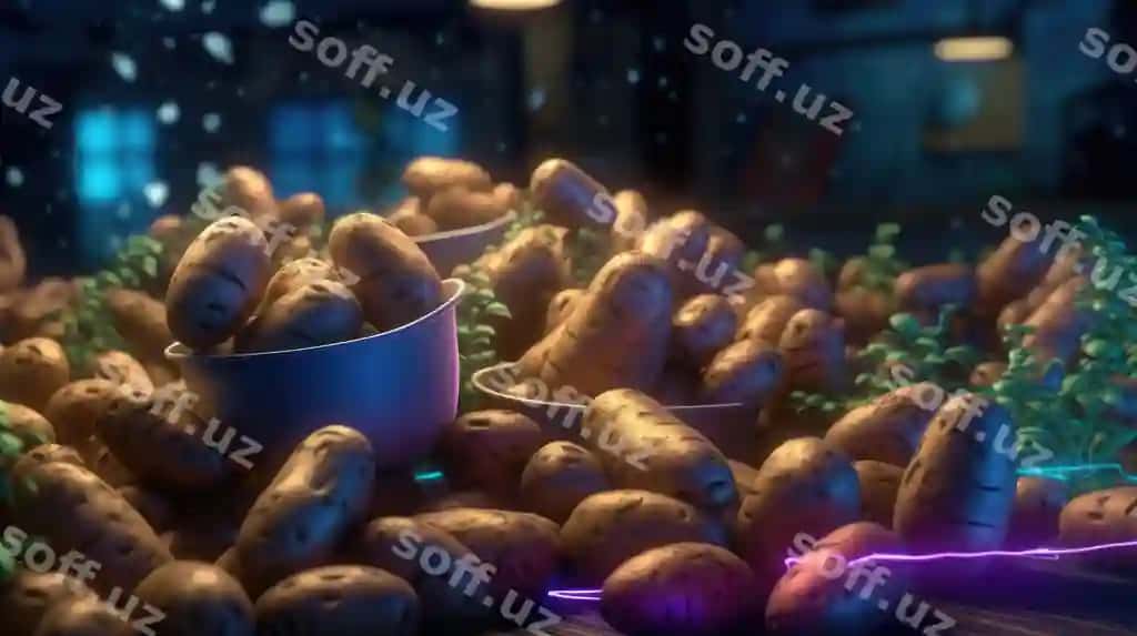 Potetlarning bir guruhida purpurni chiroqka ega. | Bunch potatoes with purple light them