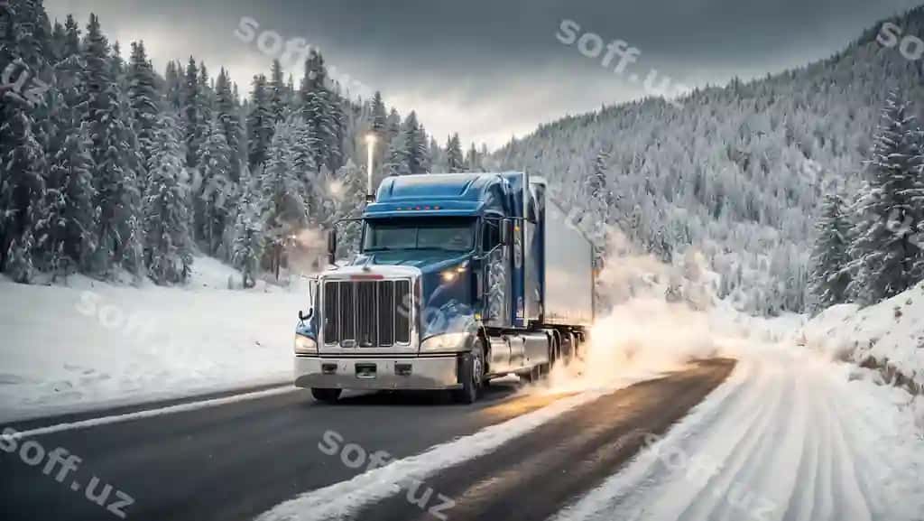 Yuk avtomobili qorli yo'l bo'yi cha kun harakatlanmoqda. | Truck driving along snowy road day