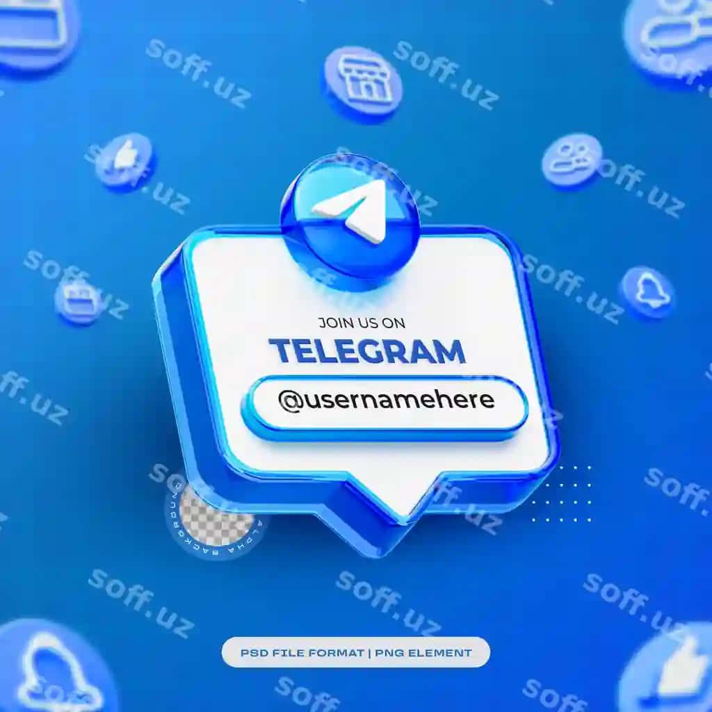 Biz bilan qo'shiling Telegram profili Ijtimoiy tarmoqlar 3D render Ajraltirilgan kompositsiya | Join us telegram profile social media 3d render isolated composition
