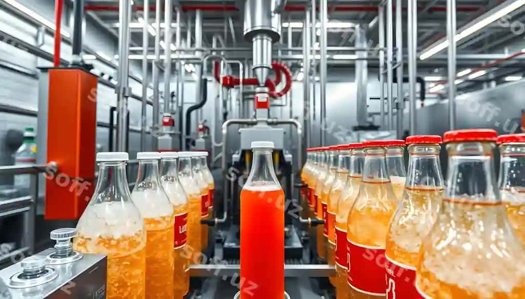 Gazlangan ichimliklar fabrikasi ishlab chiqariladigan shirinletlar oq chiroqlar bilan ajratilgan | Carbonated drinks factory with view production bottles isolated with white highlights
