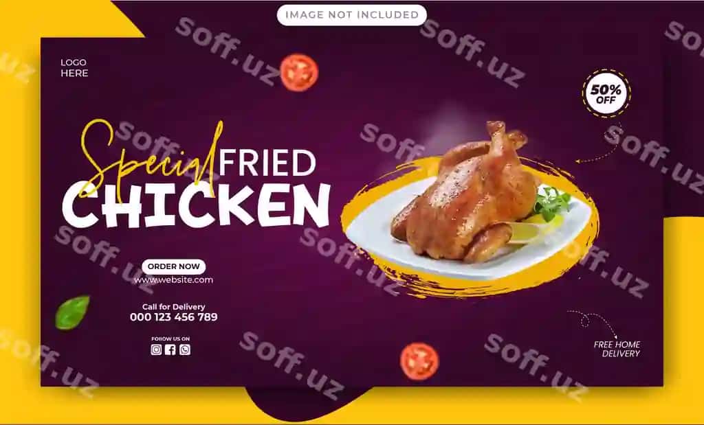 Qovurilgan tovuq hazoli menyu reklamasi ijtimoiy tarmoqlar banner shabloni | Fried chicken delight menu promotion social media banner template
