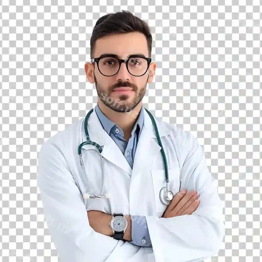 Chiroylik doktor portreti ajraltirilgan shaffof orqa fonda | Handsome doctor portrait isolated transparent background