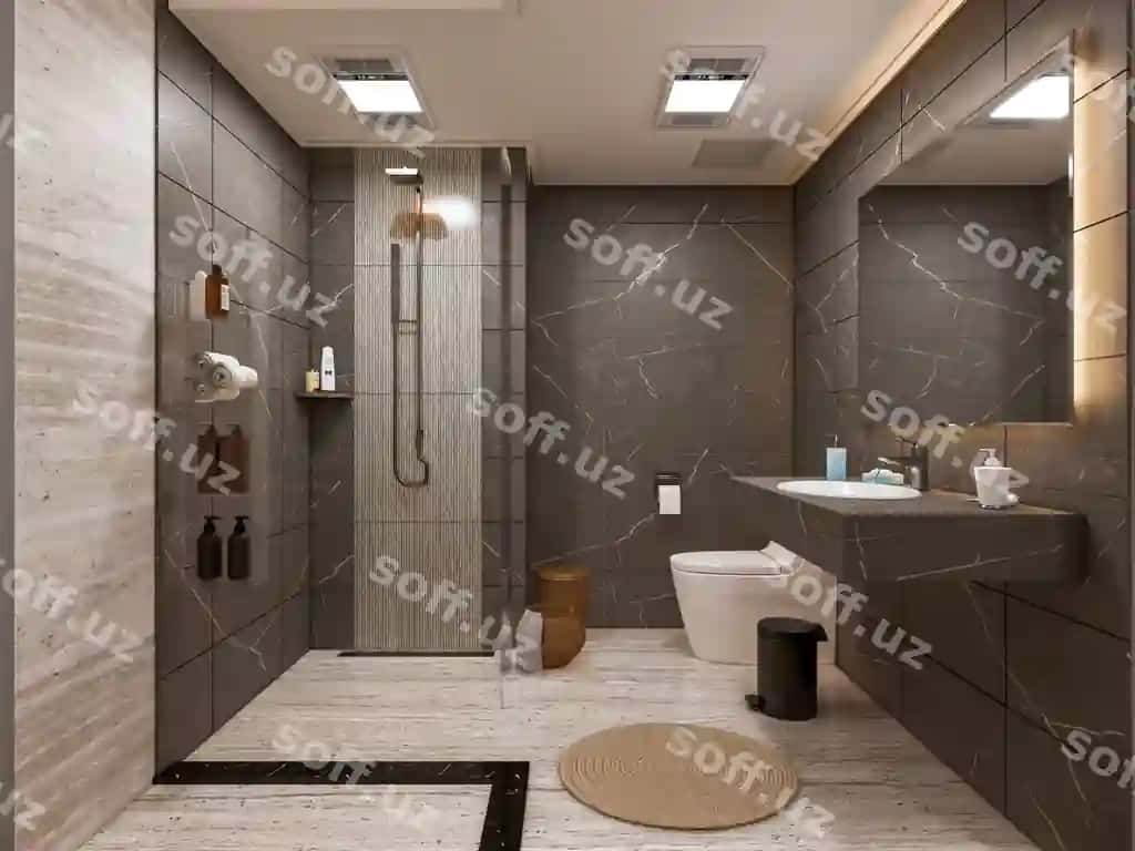 3d renderlangan zamonaviy hammom to'liq scena interyer taksiyorasi | 3d rendering modern bathroom full scene interior design