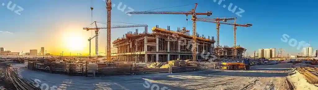 Qurilish maydoni kranlar binolar orqa fonda foto | Construction site with cranes buildings background photo