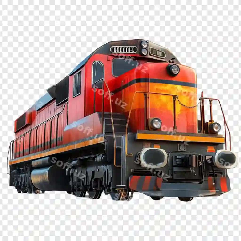 Kuchli qizil-oranj lokomotiv ajraltirilgan oq fons | Powerful red orange locomotive train engine isolated white background