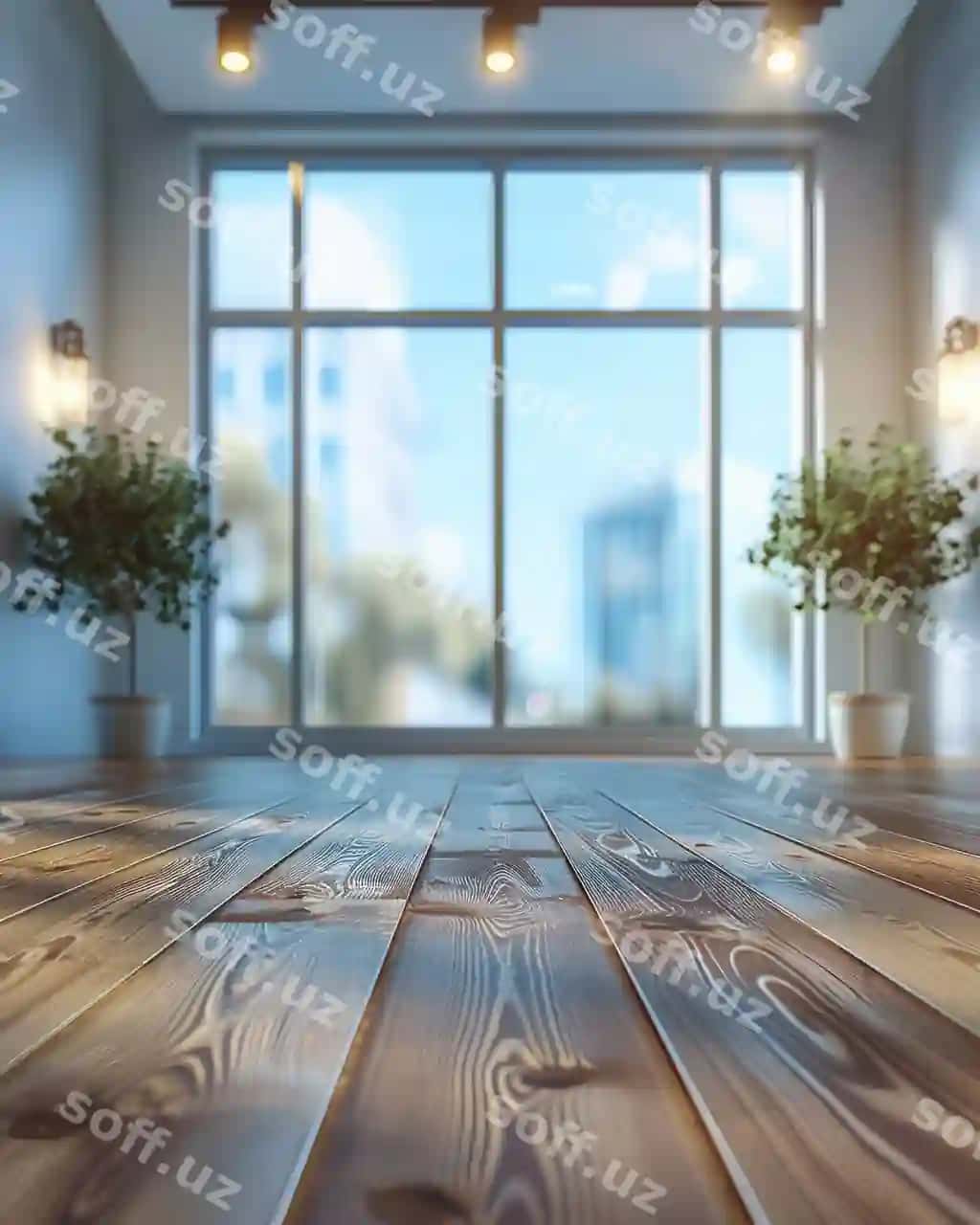Zamonaviy quyosh changalari ostida xona katta qavatdan qavatgacha oynalari, yog'ochli pol, gul qazondagi o'simliklar, mukammal | Modern sunlit room with large floor ceiling windows wooden flooring potted plants perfect