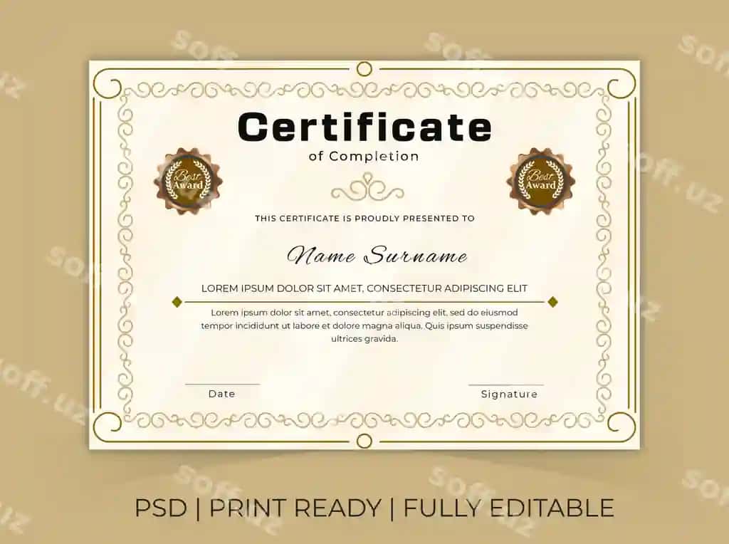 Psd ajoyib sertifikat dizayn shabloni | Psd awesome certificate design template
