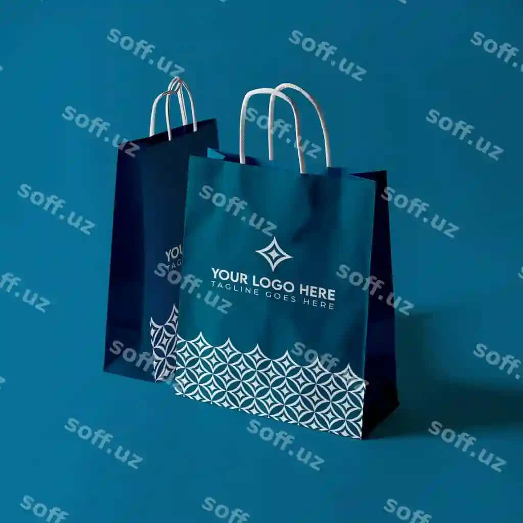 Ikki ko'k xarid sumkasi ko'k fonli namuna fayli | Two blue shopping bags with blue background mockup file